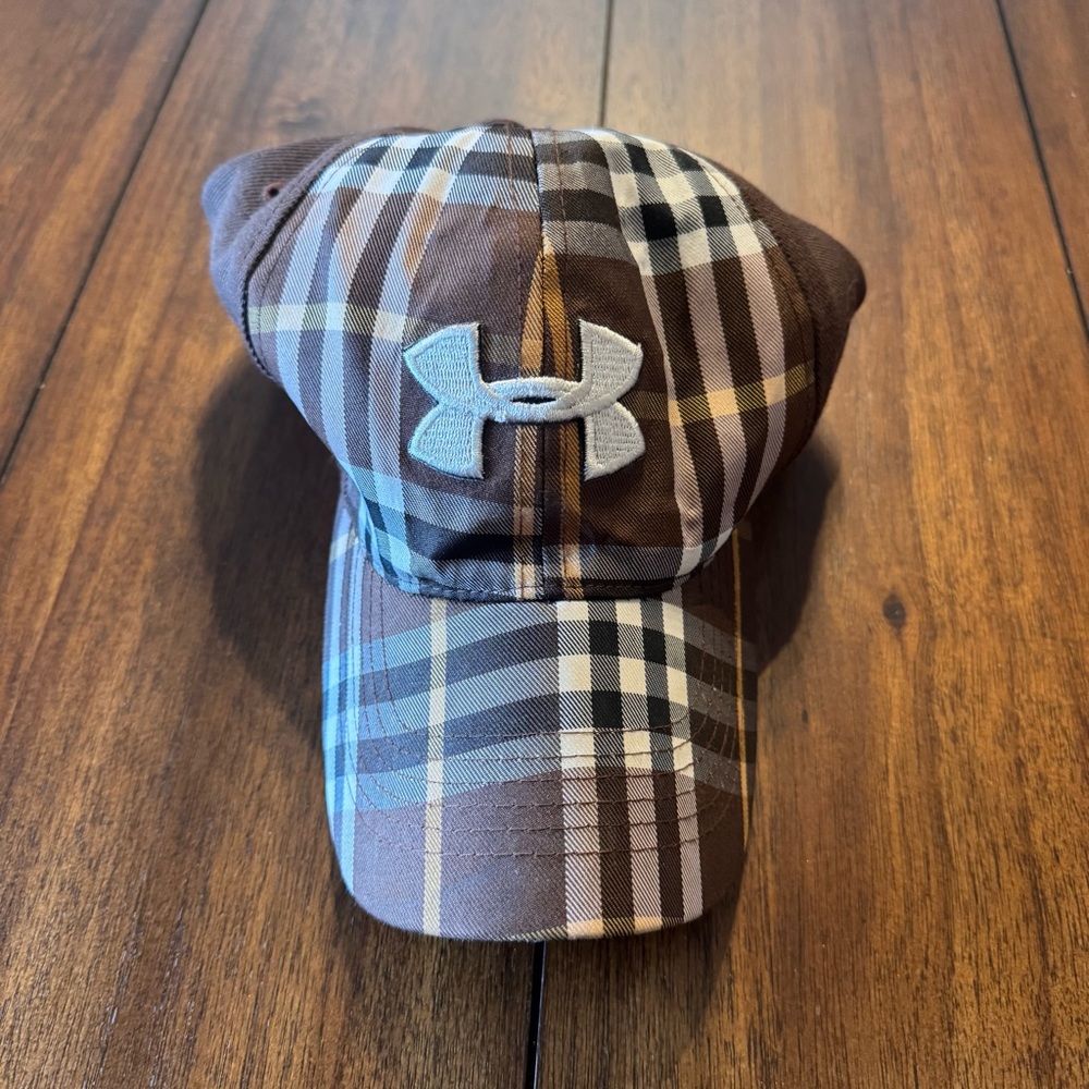 Under Armour Unisex Adult Adjustable‎ Brown Black Plaid Baseball Hat White Logo